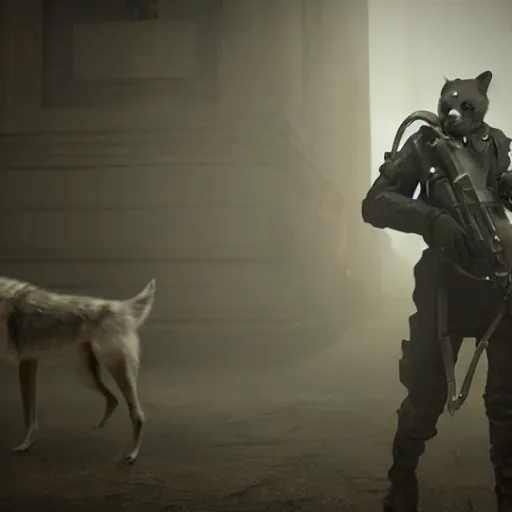 Image similar to butler with wolf face, dystopian, cinematic lighting, horror scene, big gun, black mask, octane render