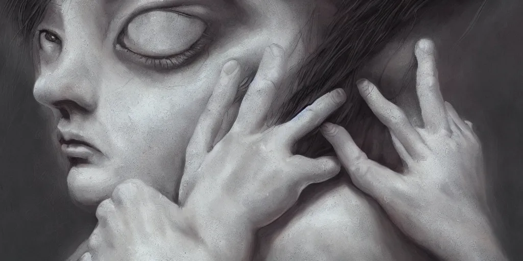 Image similar to hyperrealistic photography of a highly intricate, stunning, perfect cyborg female, elbow, knee, intimate, hand holdings, in the style of beth cavener, jin kagetsu, chuck close, and wlop, highly detailed, face, symmetry, masterpiece, award - winning, sharp focus, concept art, ambient lighting, 8 k, artstation