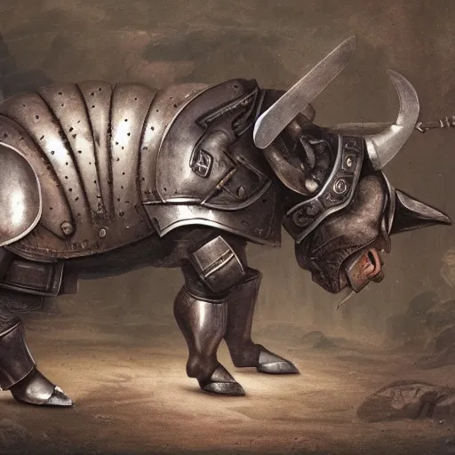 Image similar to a minotaur wearing steel plate armor and holding a mace