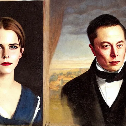 Image similar to elon musk ( left ) and emma watson in an 1 8 5 5 painting by elisabeth jerichau - baumann. painting, oil on canvas