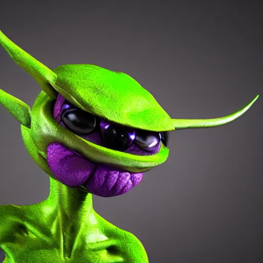 Prompt: cute furry purple and green alien with multiple big eyes photo realistic detailed 3d render