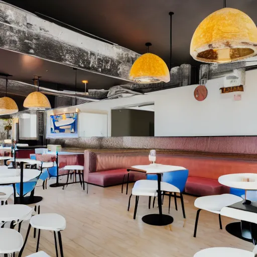 Image similar to photo of a white cafe interior with arcade machines on one side and tables on the other, 8 0 s art on the tall white walls, wide angle shot 4 k hdr