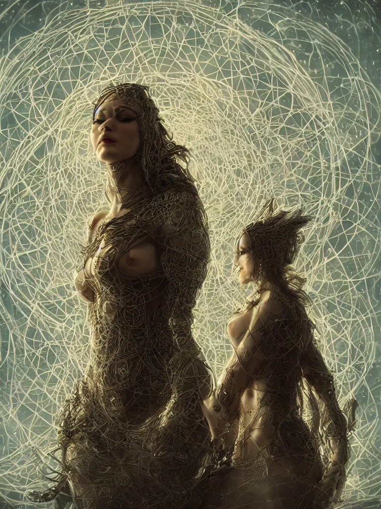 Image similar to a photo of her a mystical goddess woman covered in modular synthesizer parts surrounded by sacred geometry made from elven architecture, full body, perfect face, powerful, cinematic, beautifully lit, by ross tran, by karol bak, 3 d, octane render, 8 k