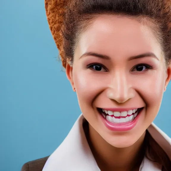 Image similar to portrait of 2 5 - year - old business woman oval face with angle 9 0 ° centred looking away breading fresh air, strong spirit and look between serious and happy, background soft blue