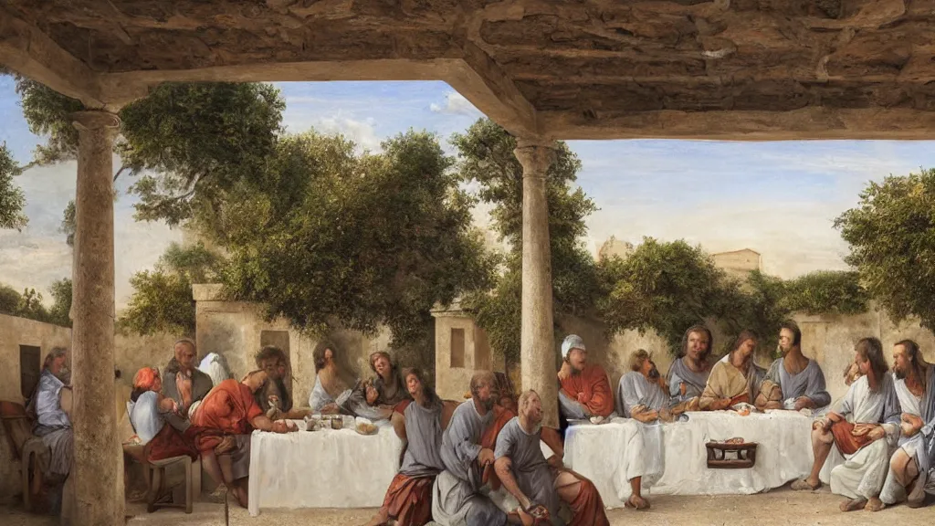 Image similar to tennis players seating in the scene of the last supper, under the porch of a typical portuguese house, with typical alentejo landscape in the back, sunny morning, matte painting, oil canvas, photorealistic illustration, extreme detail, hyper realistic, highly detailed, digital art