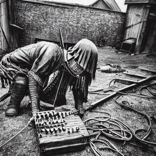 Image similar to wise angle photo of viking in armor working on the mechanical ancient device, tools and junk on the ground,wires and lights, old village in the distance, vintage old photo, black and white, sepia