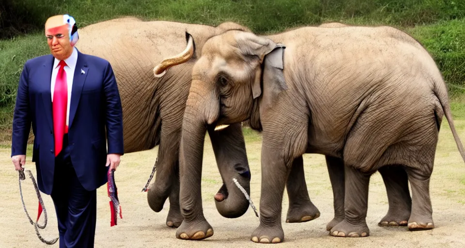 Prompt: a photo of donald trump walking an elephant on a leash