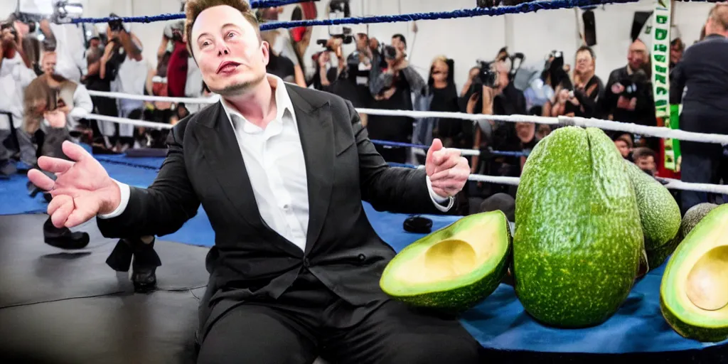 Prompt: elon musk inside of a giant avacado, realistic, cinematic photogtaphy, fruit celebrity, avacado dream, elon musk dresms of sitting inside of avacados, avacado chairs, avacado halloween costumes, in a boxing ring, photography