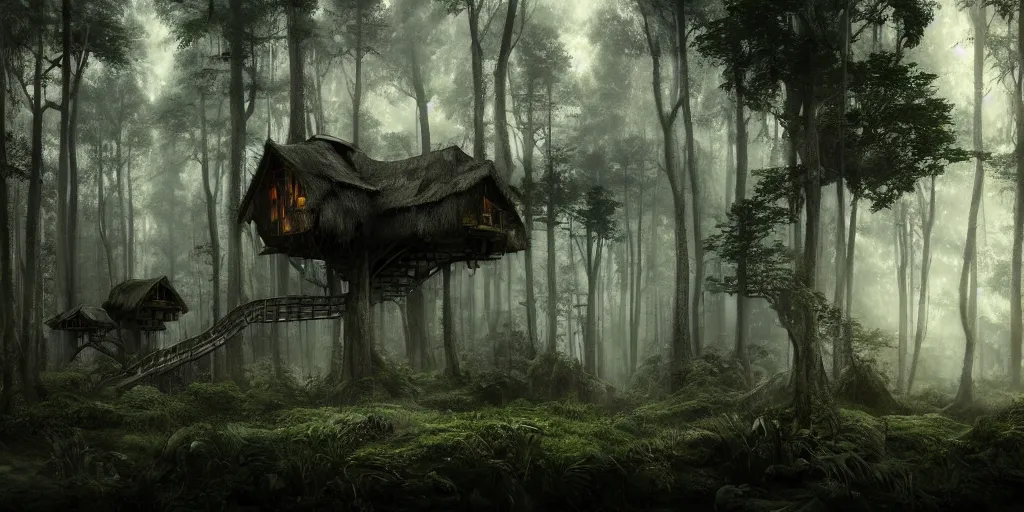 Image similar to photorealistic image of treehouses through a old growth forest, atmospheric lighting, dark, brooding, painted, intricate, ultra detailed, well composed, best on artstation, cgsociety, epic, fantasy, stunning, gorgeous, intricate detail, much wow, masterpiece, cinematic aesthetic octane render, 8 k hd resolution,