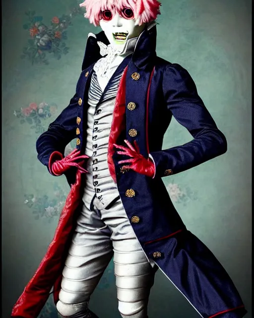 Image similar to tokyo ghoul monster ken kaneki character wearing a beautiful 1 8 th century suit with a tie, rococo style, francois boucher style, highly detailed, very realistic, painterly style