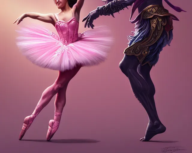 Image similar to photography of jack black dancing in a pink ballerina outfit, full body shot, deep focus, d & d and mtg, fantasy, intricate, elegant, highly detailed, digital painting, artstation, concept art, matte, sharp focus, illustration, hearthstone, art by artgerm and greg rutkowski and alphonse mucha