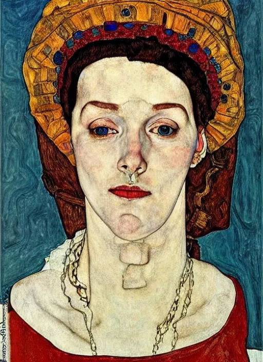 Prompt: portrait of young woman in renaissance dress and renaissance headdress, art by egon schiele