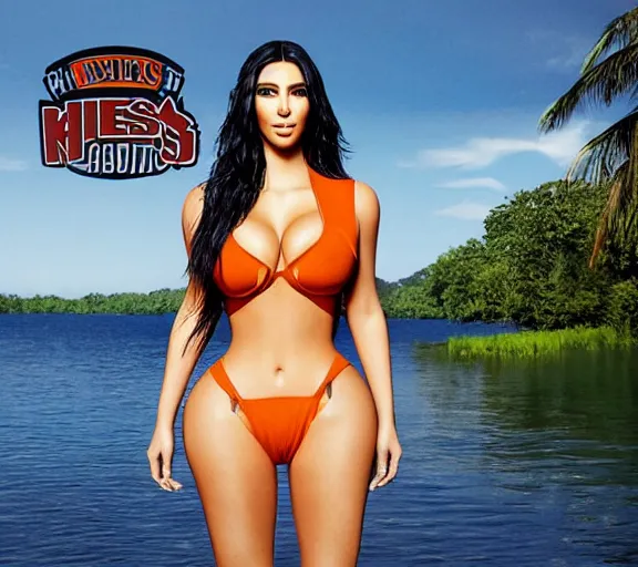 Image similar to professional photo of kim kardashian wearing a hooters uniform, posed by a lake, intricate, elegant, highly detailed, smooth, sharp focus, by maxim magazine