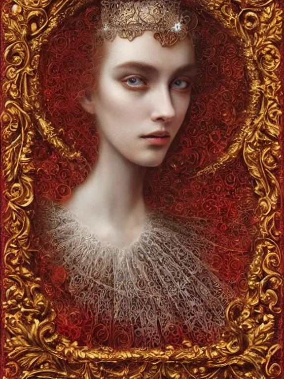 Image similar to a beautiful render of baroque catholic veiled red queen , with symmetry intricate detailed,by LEdmund Leighton, peter gric,aaron horkey,Billelis,trending on pinterest,hyperreal,jewelry,gold,intricate,maximalist,glittering,golden ratio,cinematic lighting