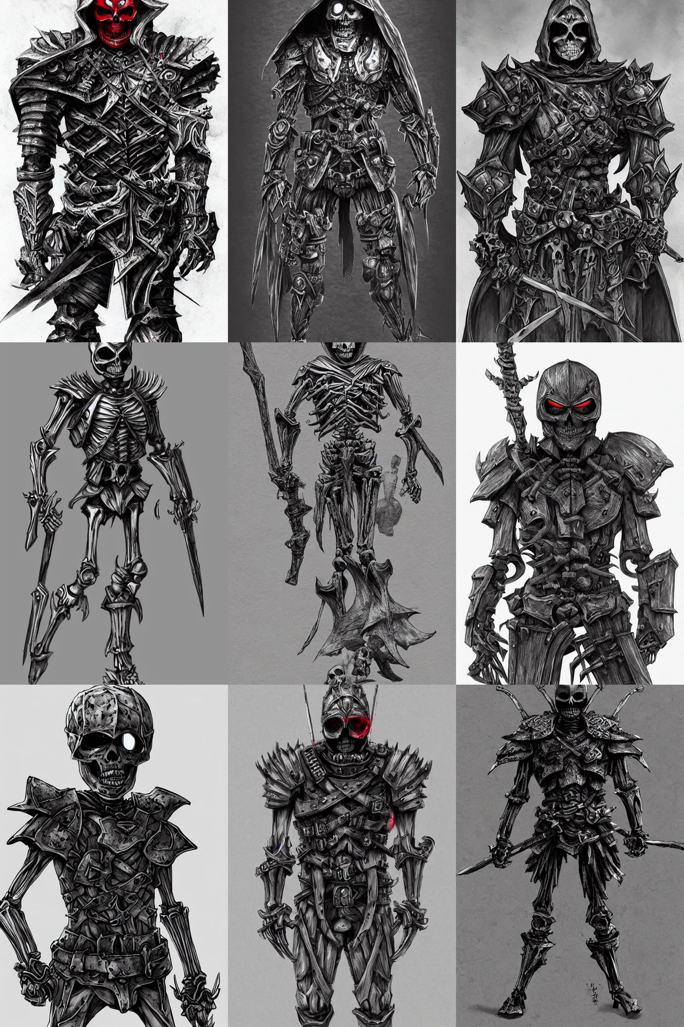 Prompt: a full body shot of a Skeleton warrior by Tomohiro Shimoguchi, red skeleton face,black hood, black heavy armor, wears shorts, highly detailed,artstation,manga,pencil art on paper, symmetrical body, symmetrical face