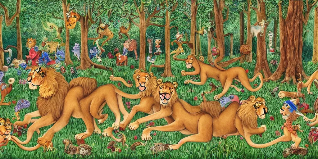 Image similar to lions in front of birthday table in fairytale forest , huge scale, high detail, intricate by Axel Scheffler