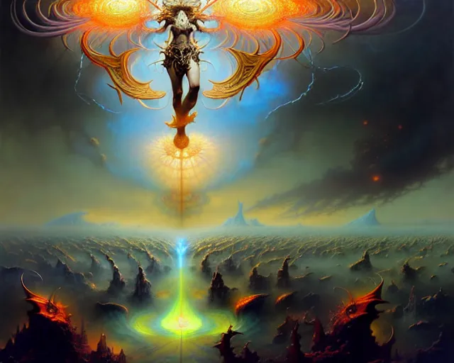 Image similar to the armies of heaven and hell, fantasy character portrait made of fractals facing each other, ultra realistic, wide angle, intricate details, the fifth element artifacts, highly detailed by peter mohrbacher, hajime sorayama, wayne barlowe, boris vallejo, aaron horkey, gaston bussiere, craig mullins