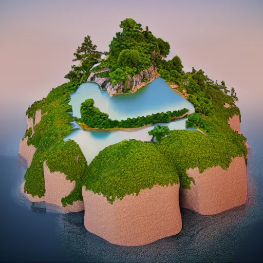 Image similar to a floating island with lago di sorapis landscape on an aquatic environment isometric art, low poly art, game art, artstation, 3D render, high detail, cgsociety, octane render, sharp focus