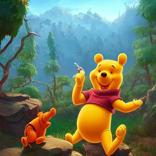 Image similar to winnie the pooh fantasy art apex fortnite video game icon, 2 d game art gta 5 cover, official fanart behance hd artstation by jesper ejsing, by rhads, makoto shinkai and lois van baarle, ilya kuvshinov, rossdraws