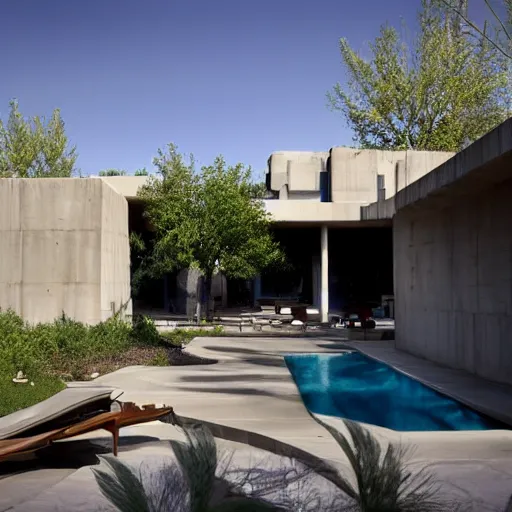 Prompt: brutalism habitat 6 7 building in the desert, biophilia mood, pool, garden, highly detailed, cinematic, photorealistic,