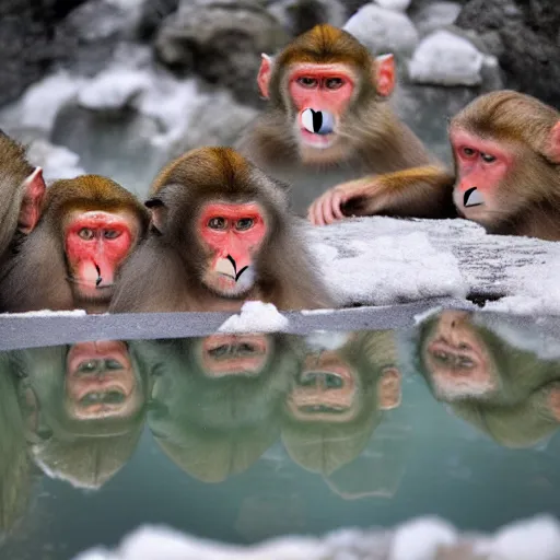 Image similar to a group of Japanese macaques in a snowy hot spring, oranges floating in the water, early morning