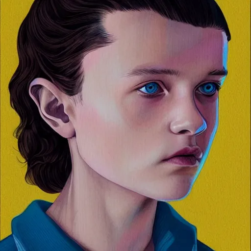 Image similar to beautiful side portrait of Eleven from Stranger things by martine johanna, artstation winner,figurativism!!!!, portrait, lines!!!!,