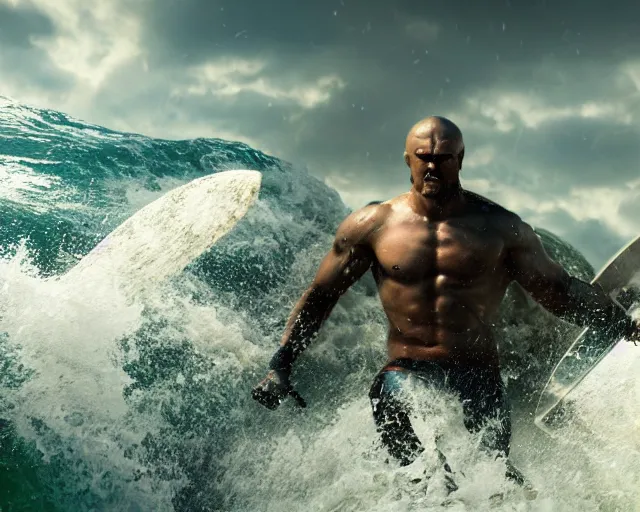 Prompt: single spartan with surfing waves, epic award winning action cinematic still from the movie 3 0 0, 8 k, global illumination, detailed face, muscles, rim highlights, hyper realistic, stunning waves, happy vibes