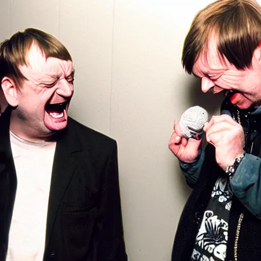 Image similar to Mark E Smith laughing at Fred Durst who is crying and screaming