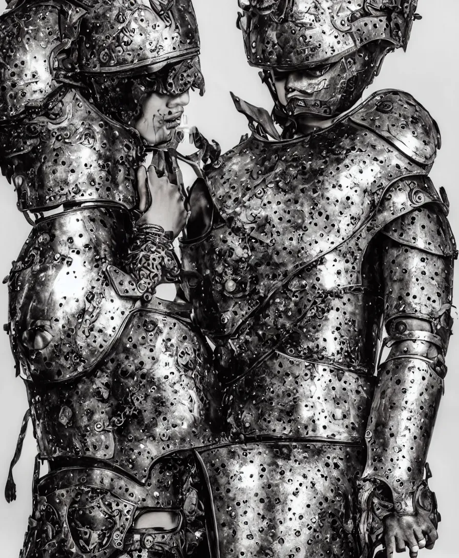 Image similar to portrait of a beautiful young girl wearing an alexander mcqueen armor made of iron steel armour , artistic illustration realistic photo