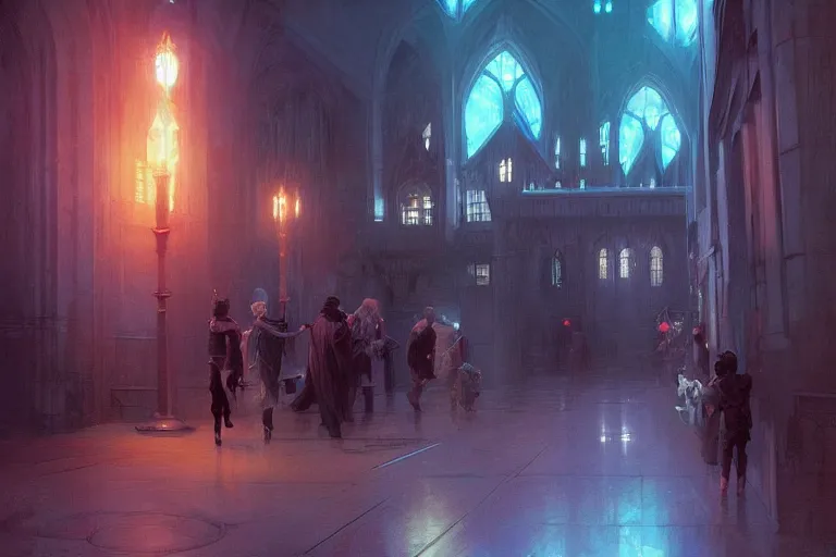 Image similar to Hogwarts, neon lighting, night city, digital art from artstation by Ruan Jia and Mandy Jurgens and Artgerm and william-adolphe bouguereau and Greg Rutkowski and Wayne Barlowe