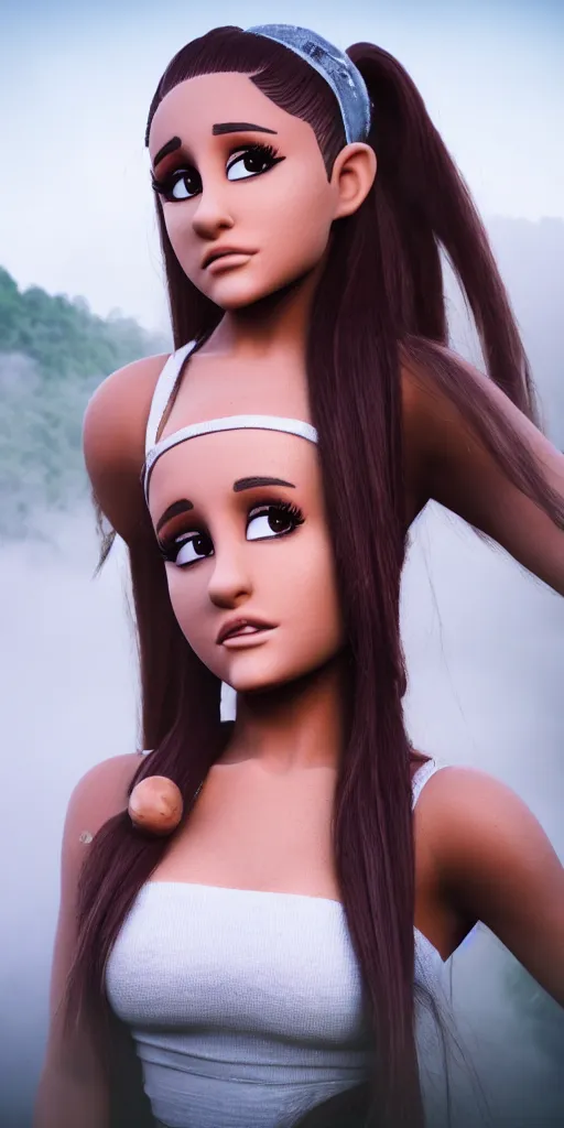 Image similar to professional photo shot of a ariana grande made of clay, rocks in the background, surrounded by of fog, grimy, gritty, trending on artstation, award winning, close shot, by aleks labuda and barry webb