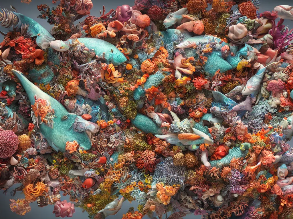 Image similar to a sculpture of fish ocean intertwined, a lovely cornucopia of flowers and human body parts, body parts, highly detailed, octane render, cinematic, shock, sharp focus, ball