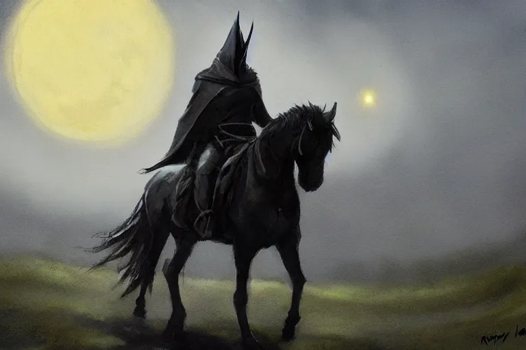 Prompt: concept art mood painting environment painting nazgul wielding black sword sitting on black horse looking at viewer moonlit grassy field ( ( ( ( foggy ) ) ) ) lord of the rings. style of, ryan church, jon mccoy, george hull, painting