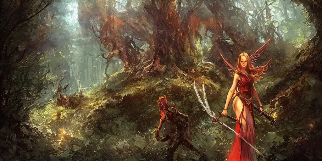 Image similar to a female angel warrior reigns on a magical forest, marc simonetti, detailed, artstation