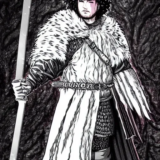 Prompt: Jon Snow as a character in Berserk in the style of Kentaro Miura