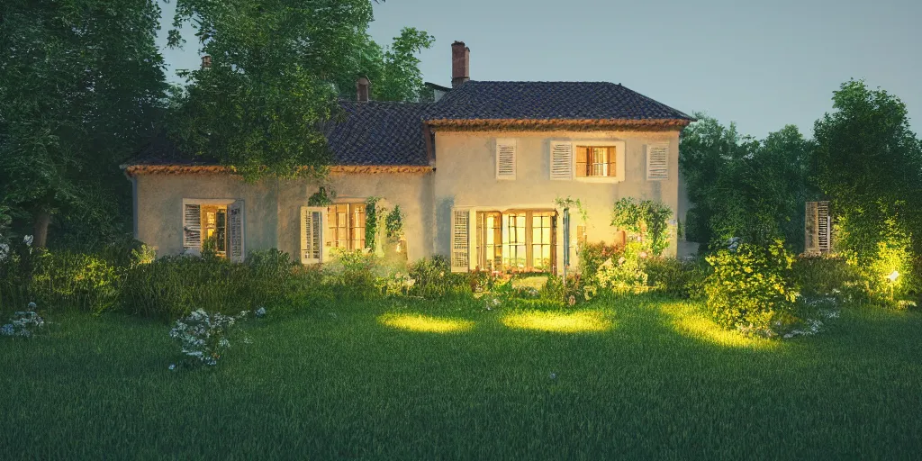 Prompt: a beautiful realistic photo of a house with a green garden in france during blue hour in the evening during summer, lights from the windows, cinematic, octane render