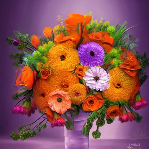 Image similar to a beautiful stunning fantasy matte digital painting of a bouquet made of orange roses and orange chrysanthemums and purple poppies and green eucalyptus and green flora, a photograph painted in the style of Bridal Magazine, professional floral arrangement, professional lighting, trending on artstation hq, contest winner