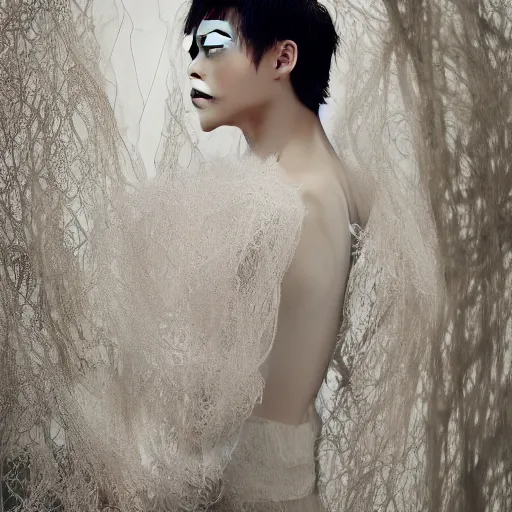 Image similar to a beautiful young korean male wearing a translucid lace wedding gown designed by alexander mcqueen, photographed by andrew thomas huang for a fashion editorial