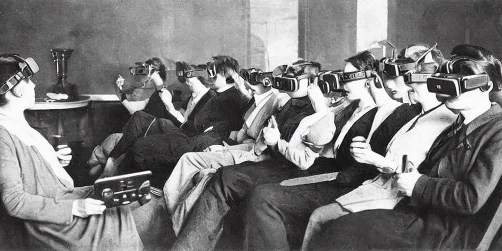 Image similar to 1 9 0 0 s photo of people using iphones ipods virtual reality headsets vr watching hd tv