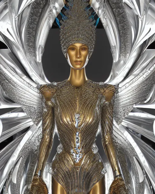 Image similar to a highly detailed metahuman 4 k close up render of an alien goddess bella hadid monument in iris van herpen armor schiaparelli in diamonds crystals swarovski and jewelry iridescent in style of alphonse mucha gustav klimt trending on artstation made in unreal engine 4