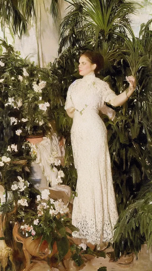 Image similar to rebekah delrio wear a lace dress in a botanical room set near a persian pot and palm treeby john singer sargent