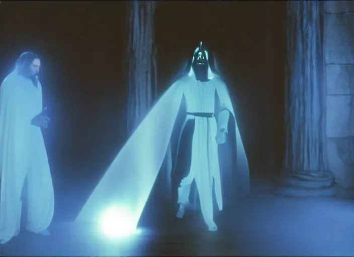 Image similar to screenshot of the force ghost glowing blue spirit of qui gon jinn speaking to Luke skywalker, in a hazy lit ancient Jedi cathedral, screenshot from the 1970s star wars thriller directed by stanley kubrick, Photographed with Leica Summilux-M 24 mm lens, ISO 100, f/8, Portra 400, kodak film, anamorphic lenses