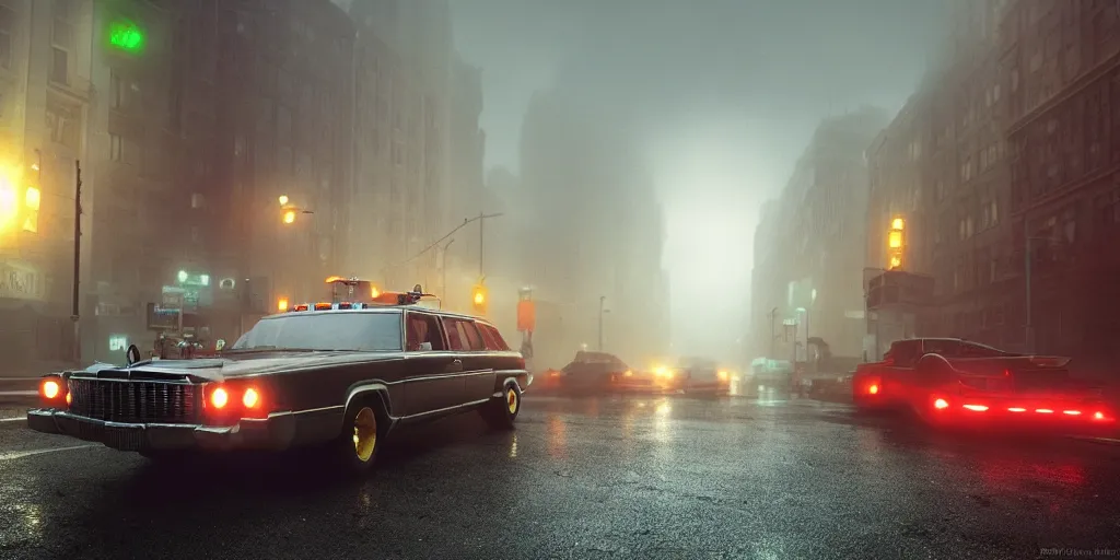 Image similar to parked Ecto-1 from Ghostbusters, fog, rain, volumetric lighting, beautiful, golden hour, sharp focus, ultra detailed, cgsociety