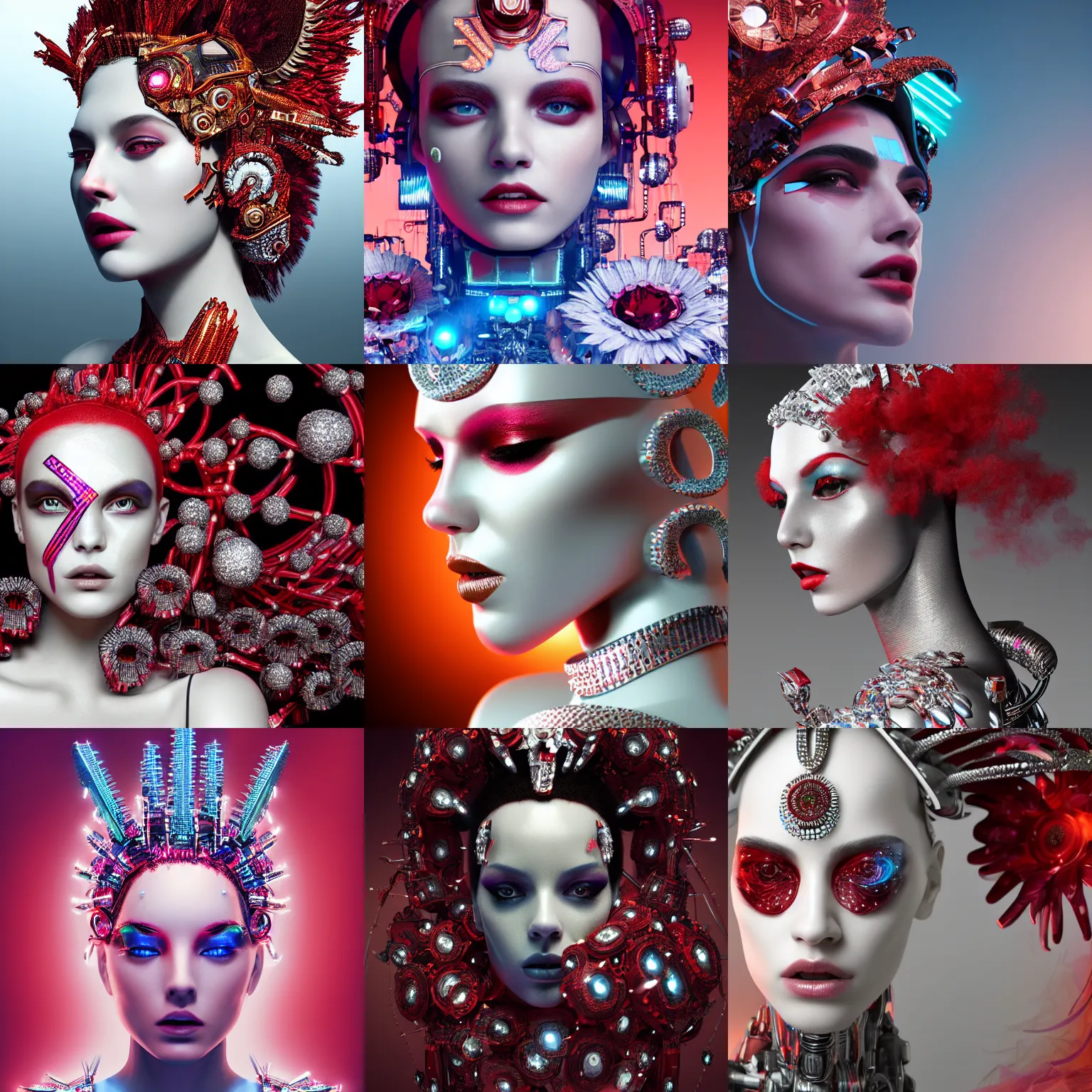 Prompt: digital art of a beautiful cyber queen portrait with a porcelain profile face, natural soft rim light, headdress made of smoke and diamonds, daisies, colorful vapor, expensive red fabric, cyberpunk metallic brackets, ferra white mecha, by alexander mcqueen, octane highly render, 4 k, ultra hd