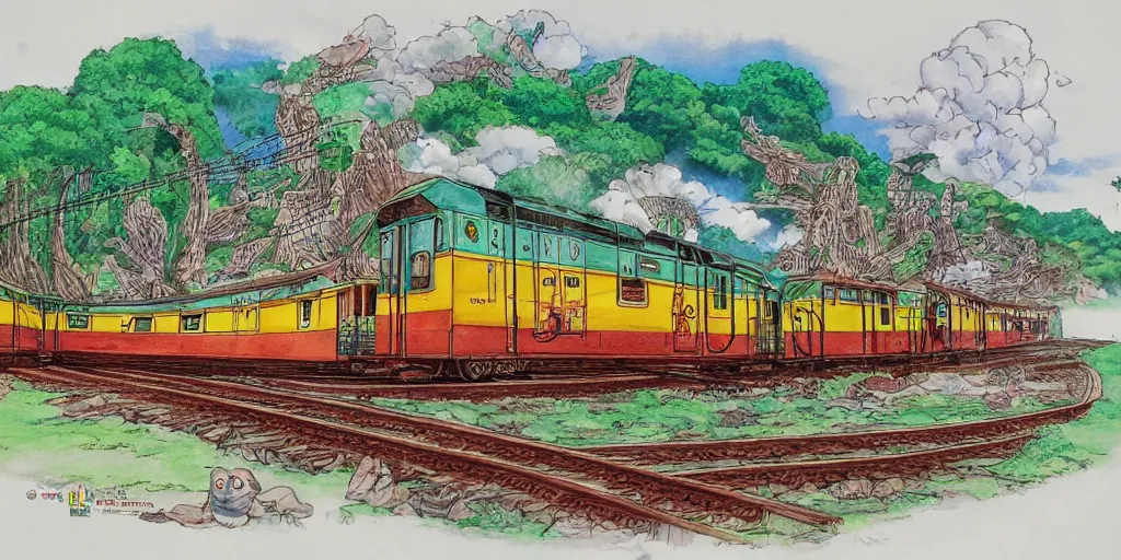 Image similar to sri lankan train, drawn by hayao miyazaki