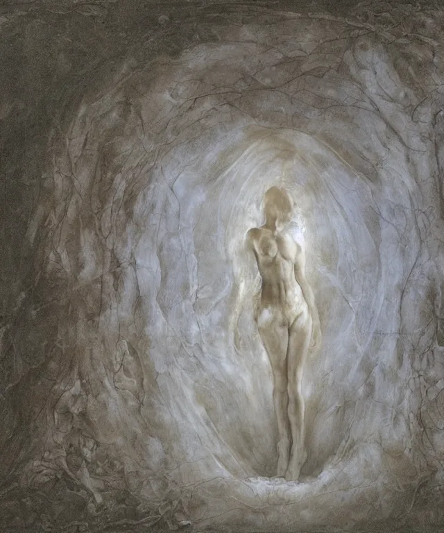 Image similar to Beautiful full-body wax sculpture of a glowing transparent woman inside egg in the singularity where stars becoming baroque folds of dark matter by Michelangelo da Caravaggio, Nicola Samori, William Blake, Alex Grey and Beksinski, dramatic volumetric lighting, highly detailed oil painting, 8k, masterpiece