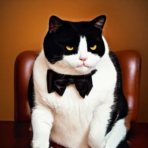 Image similar to photograph of a very fat and judgmental cat wearing a full tuxedo sitting in a dimly lit parlor lounge