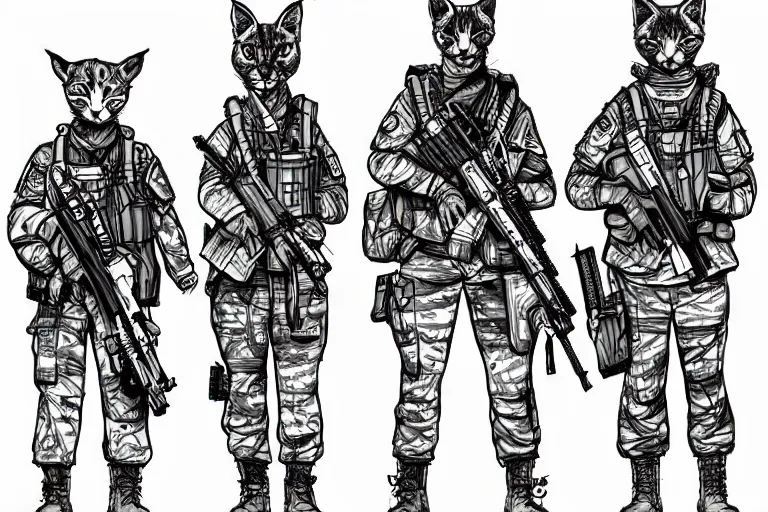 Image similar to ink study of a group of furry modern army soldiers with animal ears, fish eye perspective, key visual with intricate linework, in the style of kim jung gi