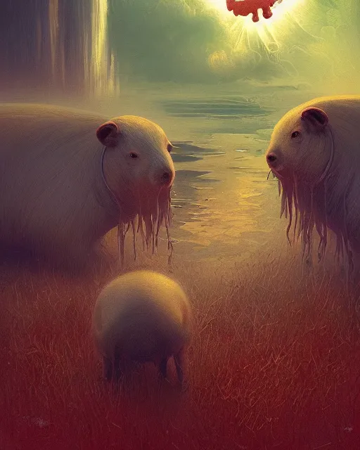 Prompt: white capybara with cthulhu like features, surreal photography, dramatic light, impressionist painting, digital painting, artstation, kilian eng, john harris, bastien lecouffe - deharme, simon stalenhag