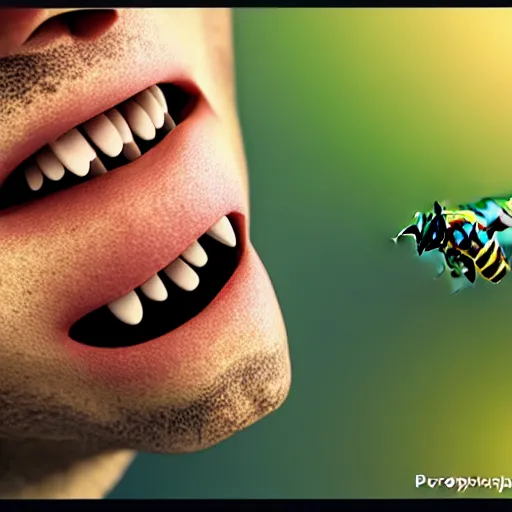 Image similar to photograph of bees crawling out of a smiling mans mouth, 8k resolution, high detail, ULTRA REALISTIC VFX, reflections